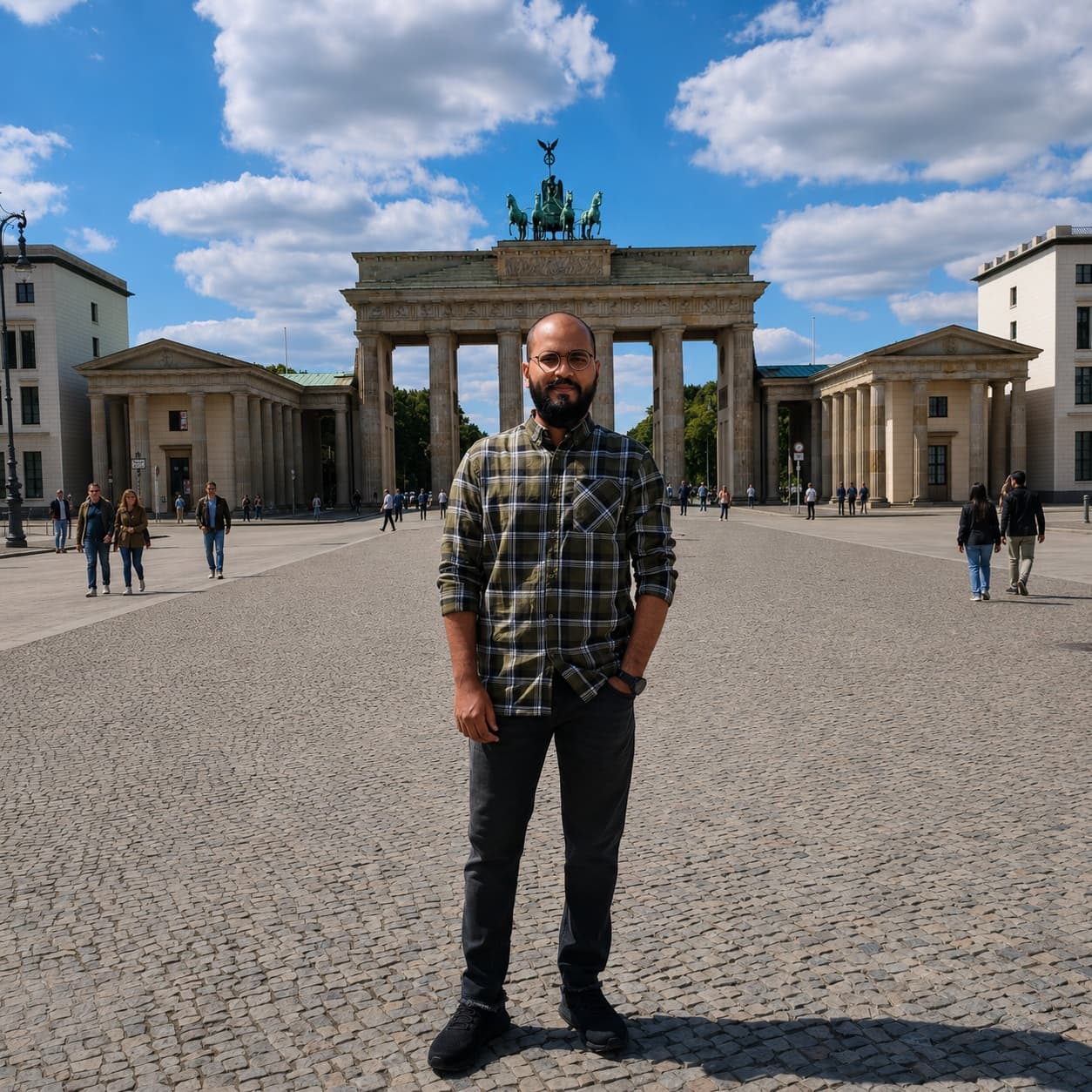 Asad standing in front of Berlin's Brandenburg Gate